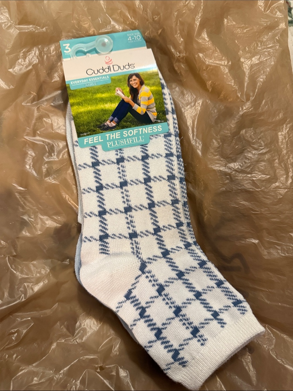Cuddl Duds White Socks with Blue Plaid and White PlushFill